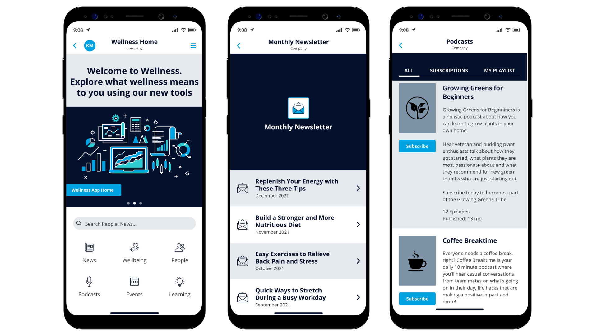 Screens from an employee mobile app showcase internal podcasts, monthly newsletters and health & wellness content.